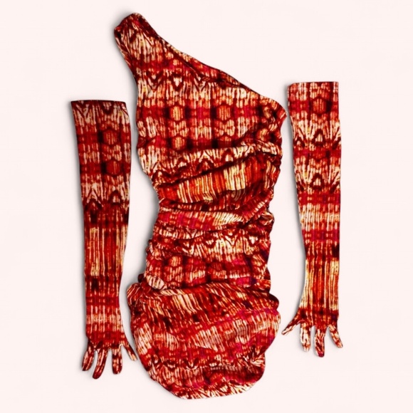 Miscreants Orange Tie Dye One Shoulder Ruched Mini Dress and Gloves NWT Size 4 - Picture 2 of 6